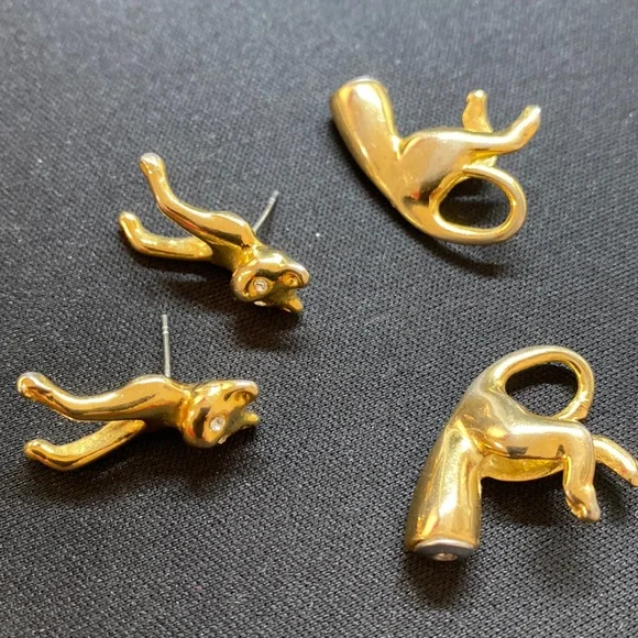 Cats earrings gold tone clear stones - Picture 8 of 12